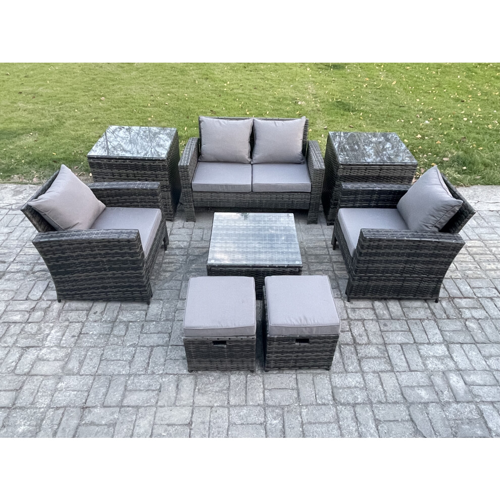 B&Q - Rattan Wicker Garden Furniture Patio Conservatory Sofa Set With Square Coffee Table Armchair 2 Small Footstools - Image 2
