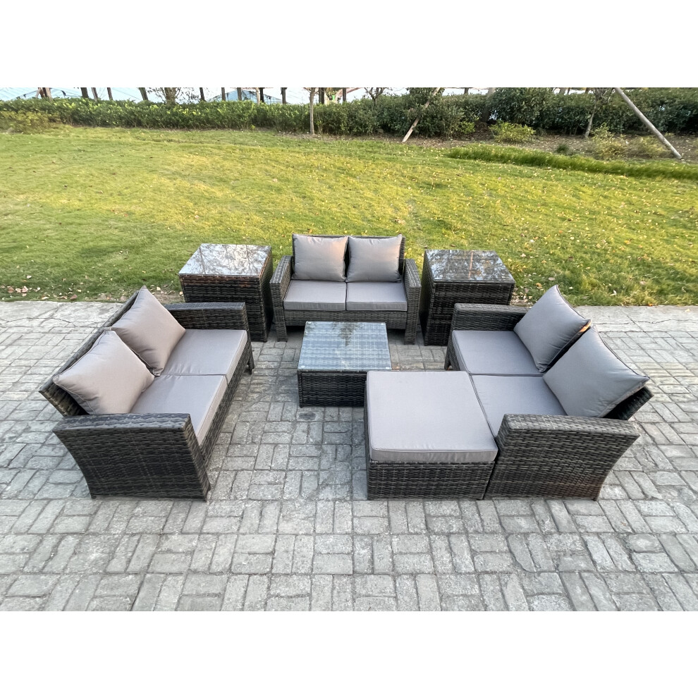 Rackhams Dark/Grey 7-Piece Outdoor Lounge Sofa Set - Mixed Pe Wicker Rattan Garden Furniture With Square Coffee Table & Big Footstool - Image 2
