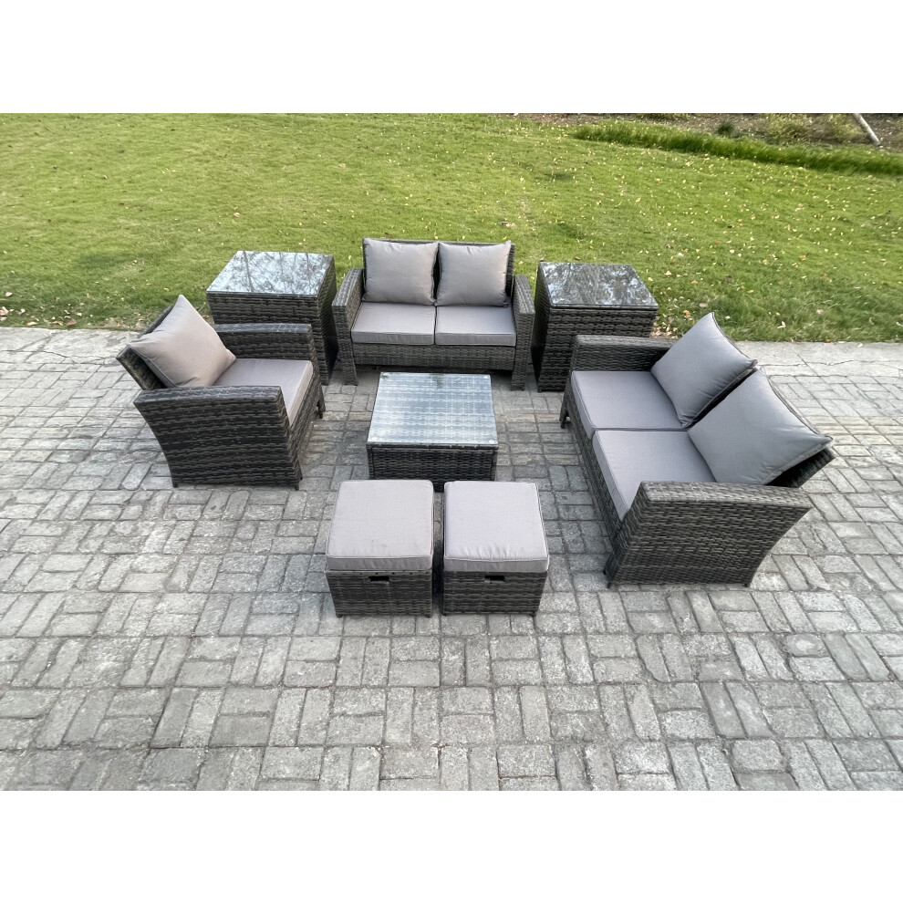 Rackhams Dark/Grey 7-Seater Rattan Garden Sofa Set - Mixed Outdoor Conservatory Patio Coffee Table Set With Chair & 2 Small Footstools - Image 2