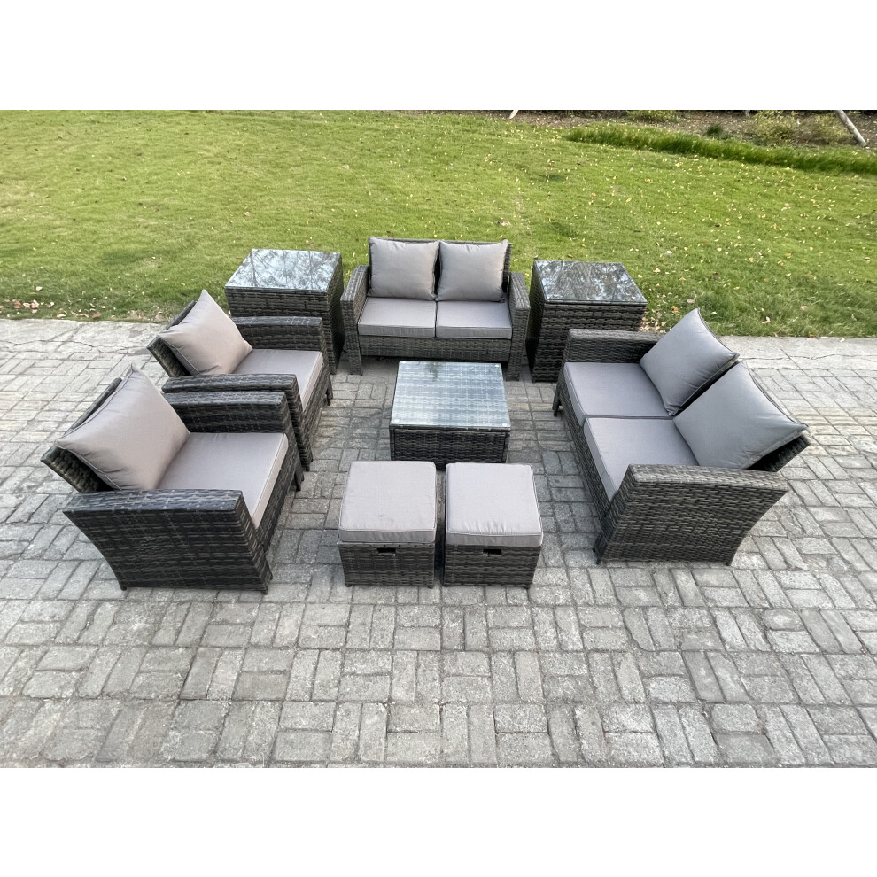 Rackhams Dark/Grey 9 Pieces Outdoor Set, Wicker Rattan, Manual Patio Sofa Conversation, 2 Small Footstools And 2 Side Tables, Mixed - Image 2