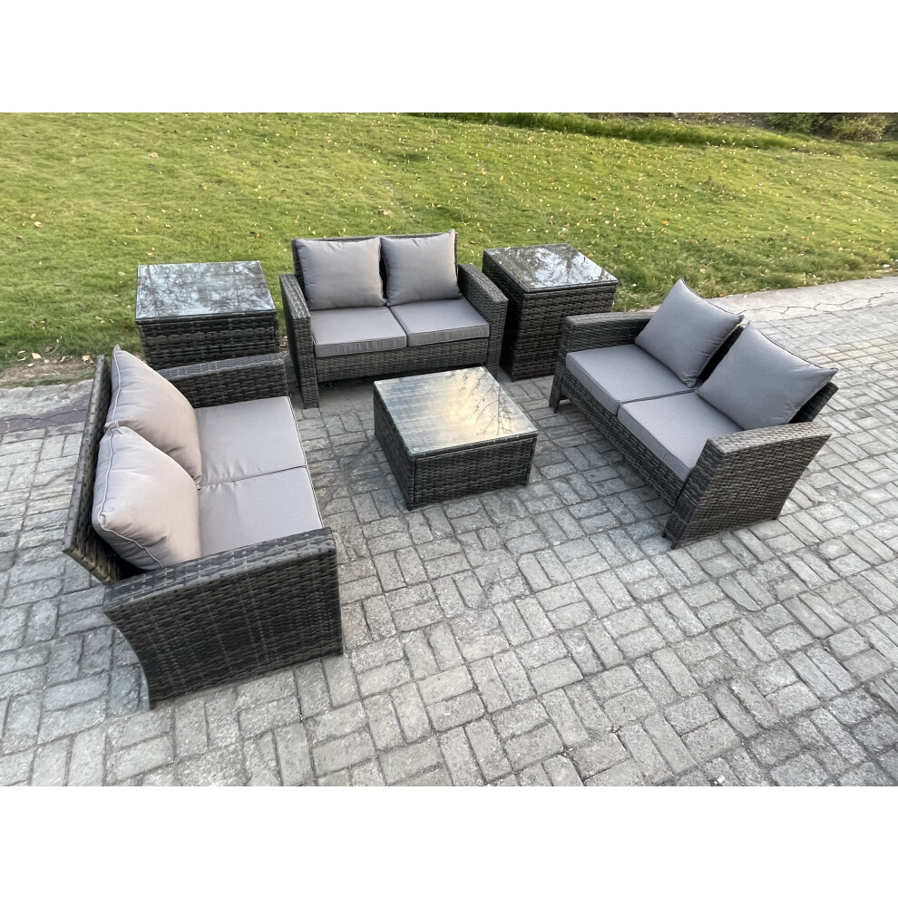 Fimous 6 PCS Outdoor Lounge Sofa Set Wicker PE Rattan Garden Furniture Set with Square Coffee Table Double Seat Sofa 2 Side Tables Dark Grey Mixed