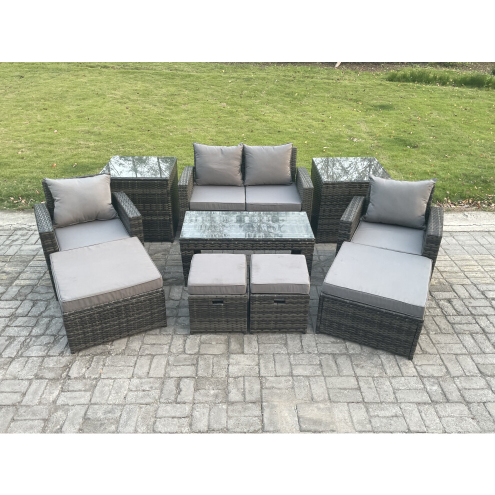 Fimous High Back Rattan Garden Furniture Sofa Sets With Rectangular Coffee Table 2 Side Tables Armchair 2 Big Footstool 2 Small Footstools