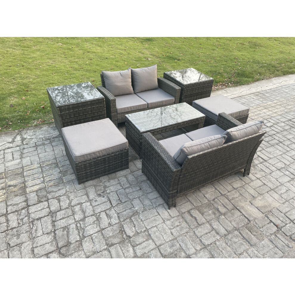 Fimous Unisex Dark Grey High Back Rattan Garden Furniture Sofa Sets With Rectangular Coffee Table Side Tables Big Footstool Mixed Size 2 - Image 2