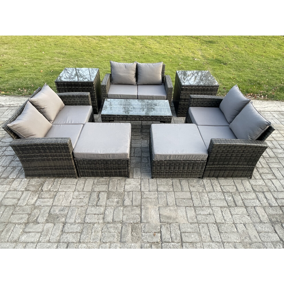 Fimous Outdoor U Shape Sofa Set Wicker PE Rattan Garden Furniture Set with Coffee Table Double Seat Sofa 2 Big Footstool 2 Dark Grey Mixed