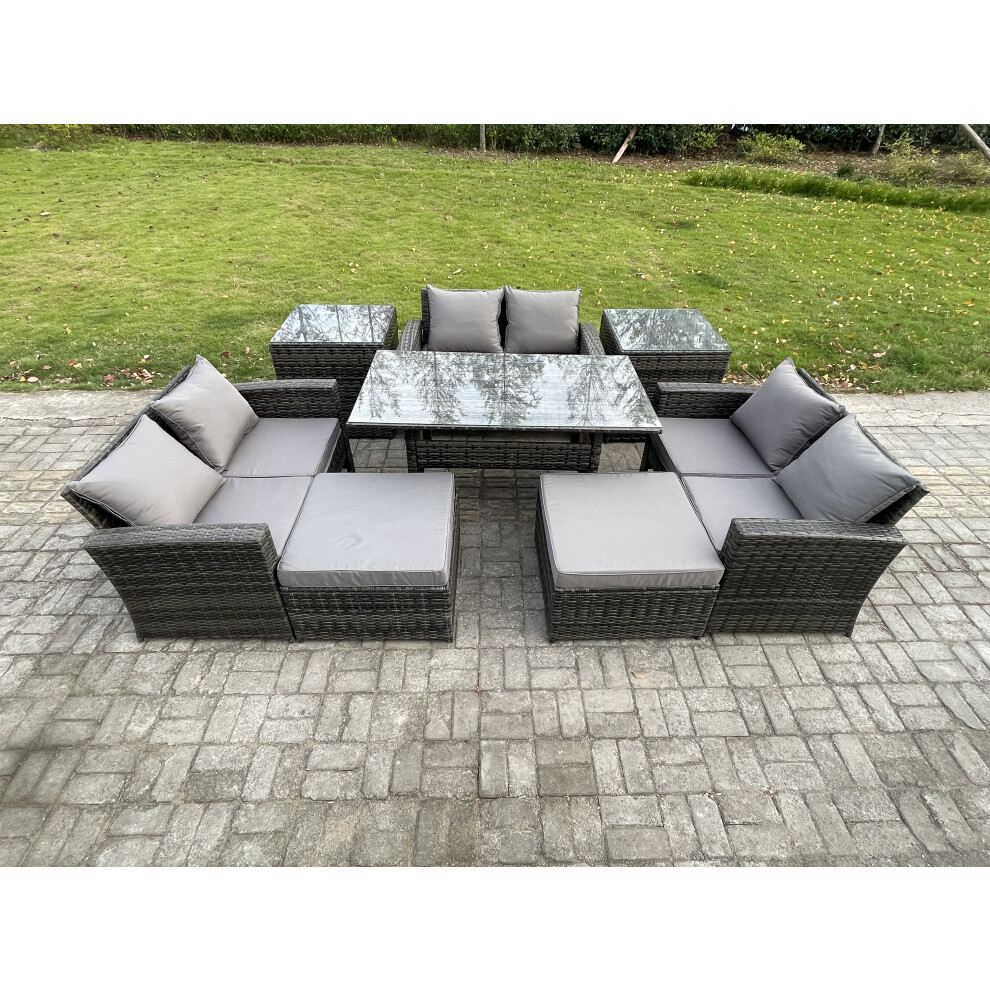 Fimous Wicker Pe Rattan Garden Furniture Sets Outdoor Lounge Sofa Set With Oblong Dining Table Double Seat Sofa 2 Big Footstool Dark Grey Mixed