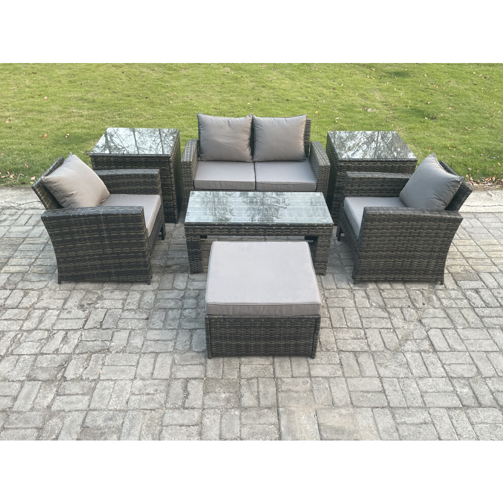 Rackhams Dark/Grey 5 Seater Outdoor Rattan Garden Furniture Set Patio Lounge Sofa Set With Coffee Table 2 Side Tables Big Footstool Mixed - Image 2