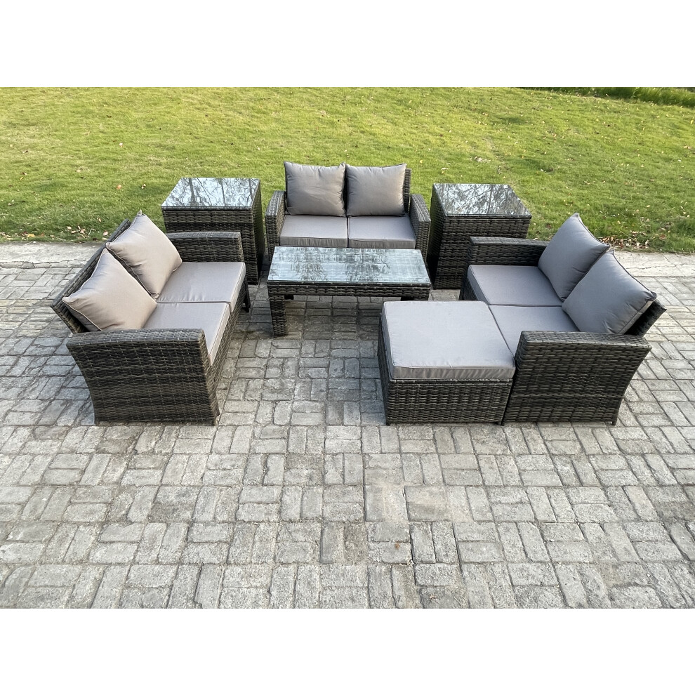 Fimous 7 Pcs Outdoor Lounge Sofa Set Wicker Pe Rattan Garden Furniture Set With Coffee Table Double Seater Sofa 2 Big Footstool Dark Grey Mixed