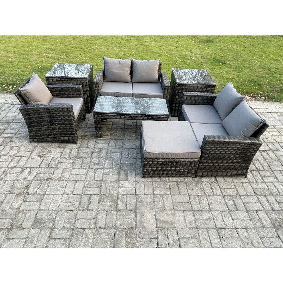 Fimous Dark/Grey 7Pcs Rattan Outdoor Garden Furniture Sofa Set With Coffee Table 2 Side Tables Big Footstool Mixed - Image 2