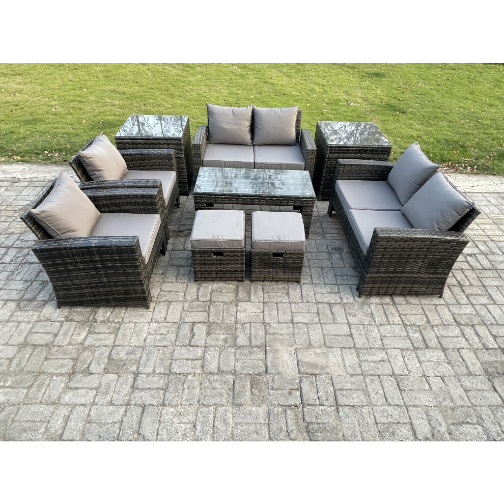 Rackhams Dark/Grey 8 Seater Mixed High Back Rattan Outdoor Sofa Set - Coffee Table, Loveseat, Armchairs & 2 Side Tables - Image 2