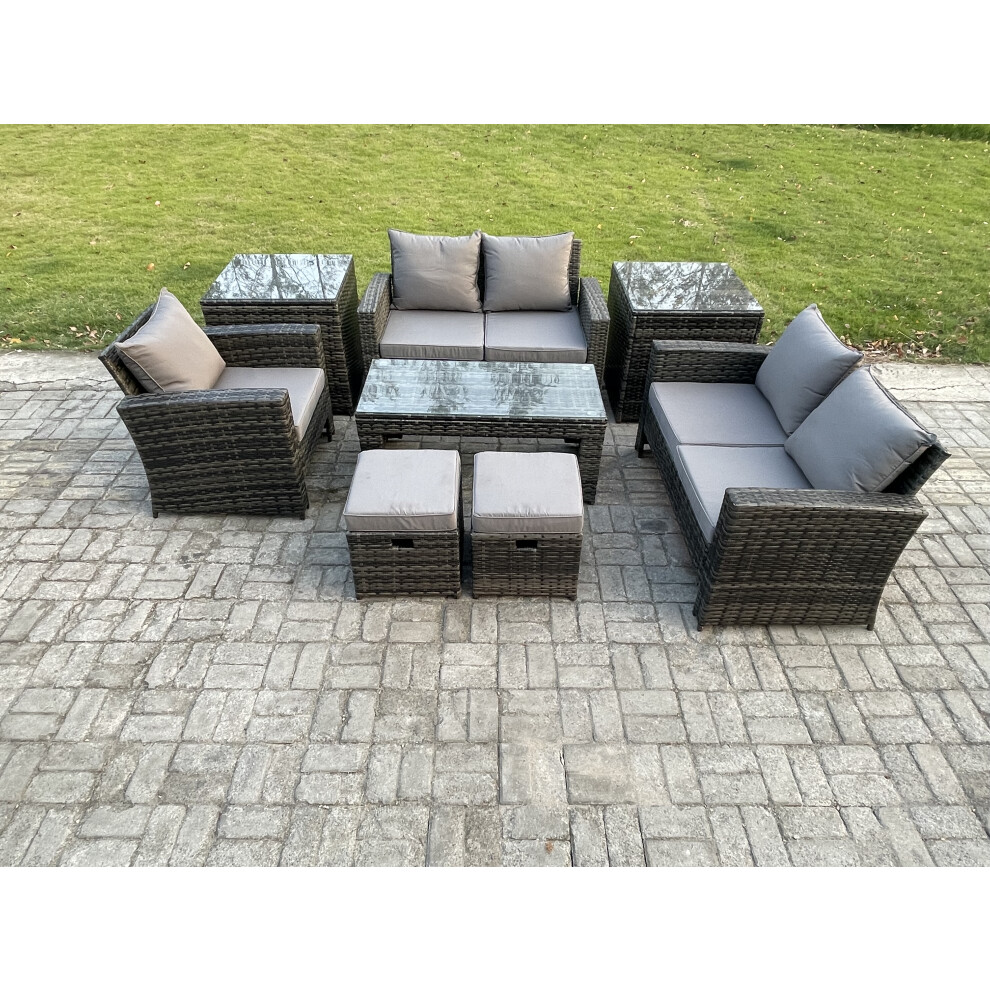 Fimous Unisex Dark Grey 7 Seater Outdoor Rattan Patio Furniture Set Garden Lounge Sofa Set With 2 Side Tables 2 Footstools Coffee Table Mixed Small - Image 2
