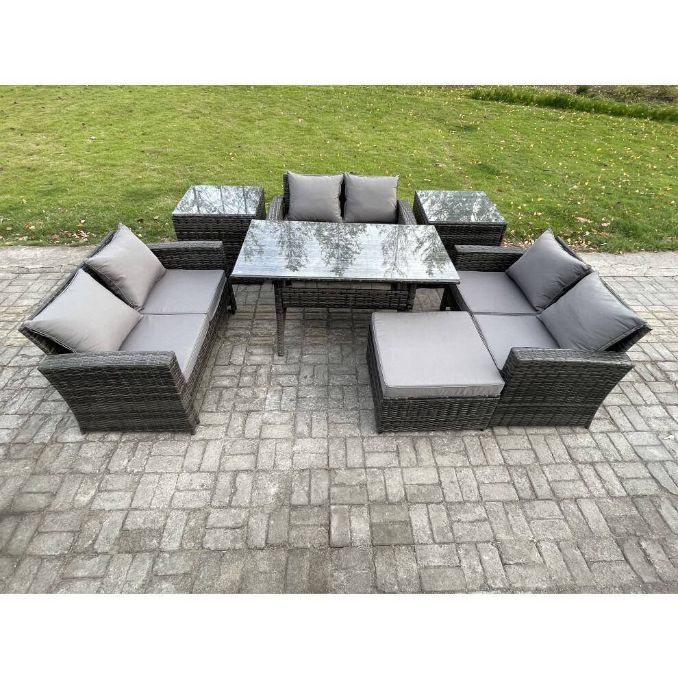 Fimous Wicker Pe Rattan Garden Furniture Sets Outdoor Lounge Sofa Set With Oblong Dining Table Double Seat Sofa 2 Side Tables Big Footstool