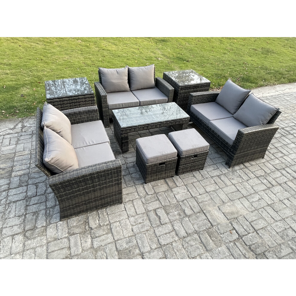 Fimous Dark/Grey Outdoor U-Shape Sofa Set - Mixed Pe Wicker Rattan Garden Furniture With Coffee Table & 2 Footstools - Image 2