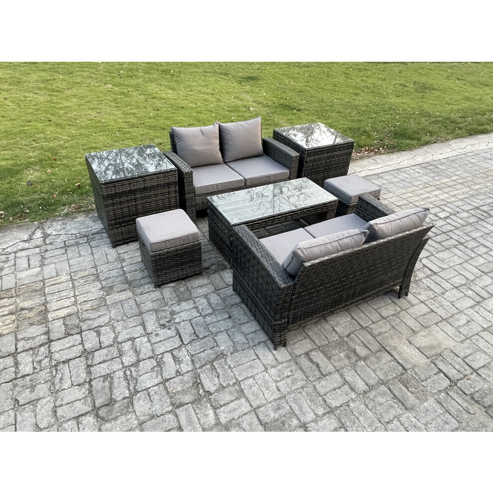 Rackhams Dark/Grey High Back Rattan Garden Furniture Sofa Sets With Rectangular Coffee Table 2 Side Tables 2 Small Footstools Mixed - Image 2