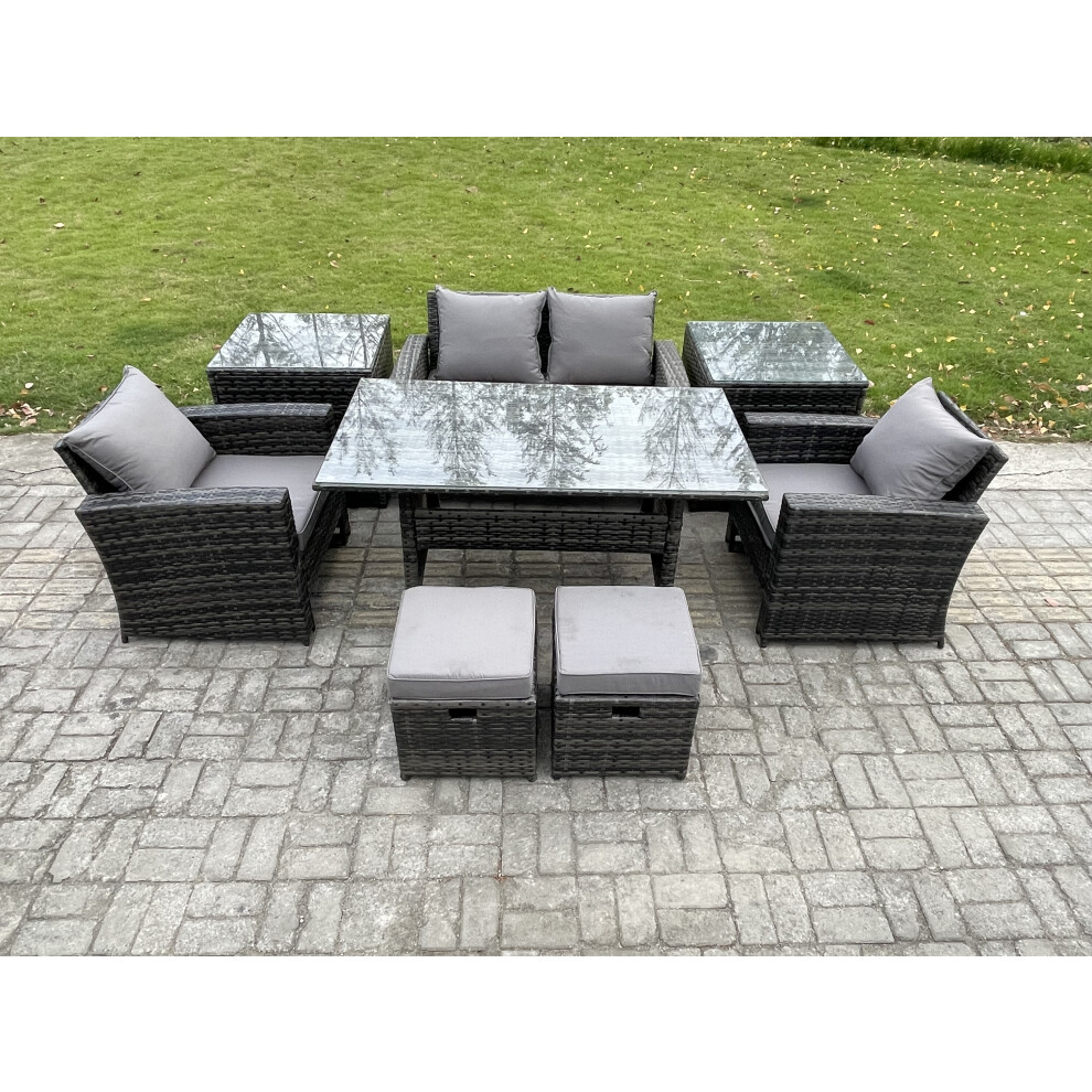 Fimous 6 Seater Pe Wicker Outdoor Garden Furniture Set Patio Furniture Rattan Rectangular Dining Table Lounge Sofa With 2 Small Footstools