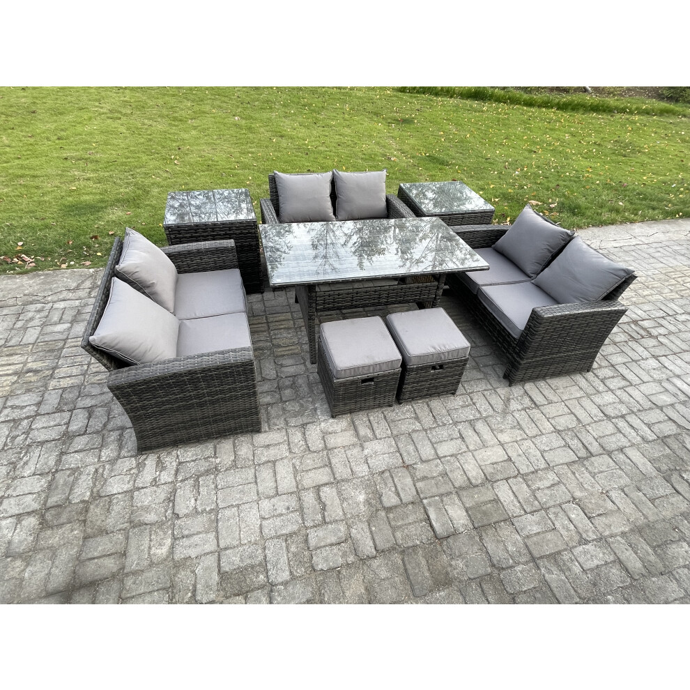Fimous Dark/Grey 8 Seater Wicker Pe Rattan Garden Set, Outdoor Lounge Sofa, Oblong Dining Table, Double Seat Sofa, 2 Small Footstools & 2 Side Tables, - Image 2