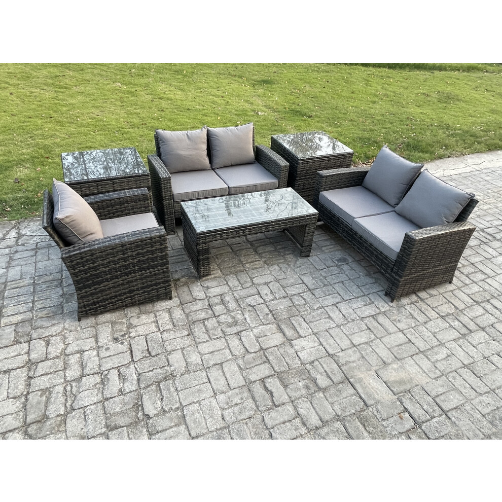 B&Q - 6Pcs Rattan Outdoor Garden Furniture Sofa Set With Coffee Table 2 Side Tables Dark Grey Mixed - Image 2