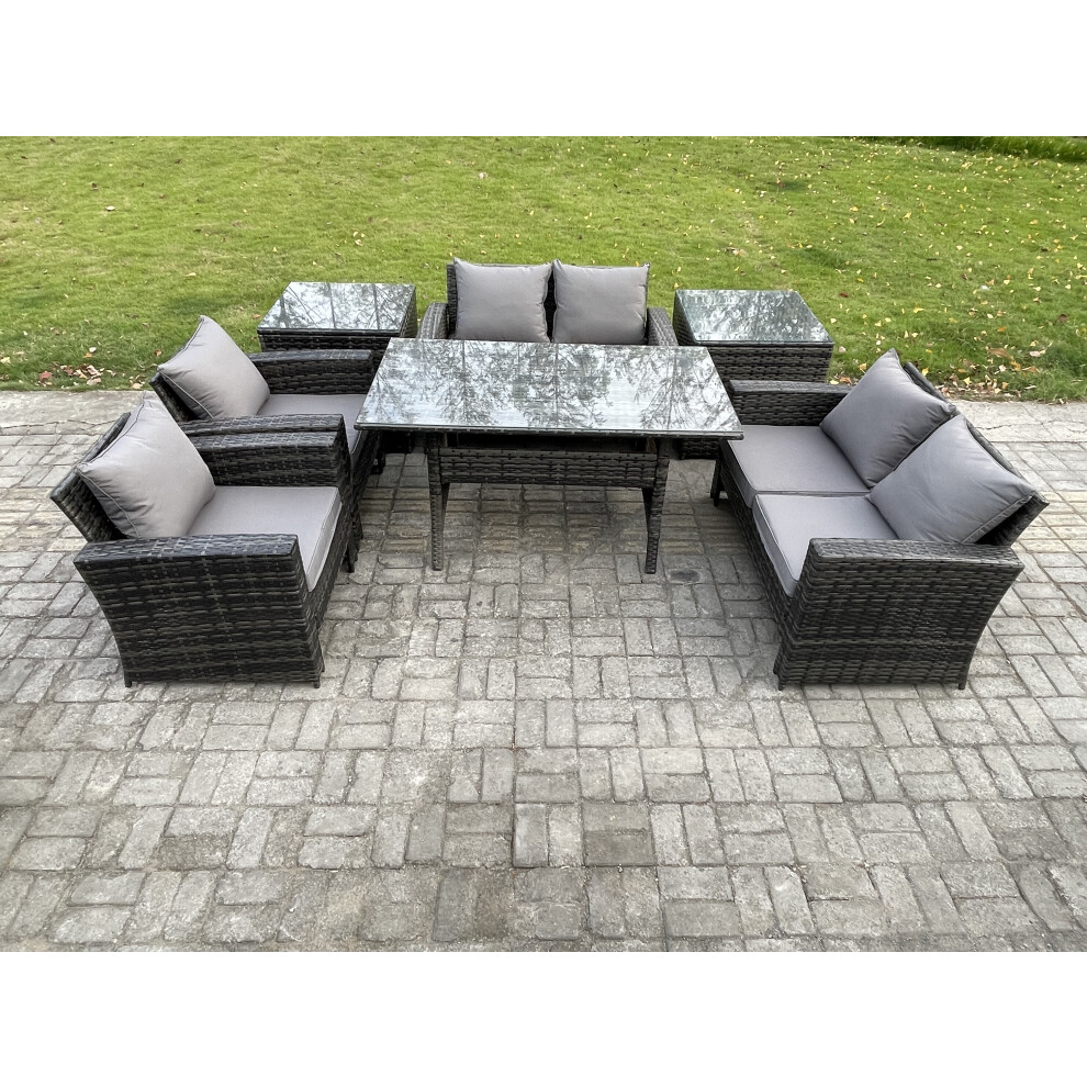 Fimous Rattan Garden Furniture Set Patio Outdoor Lounge Sofa Set with Oblong Dining Table Double Seat Sofa 2 Side Tables Dark Grey Mixed