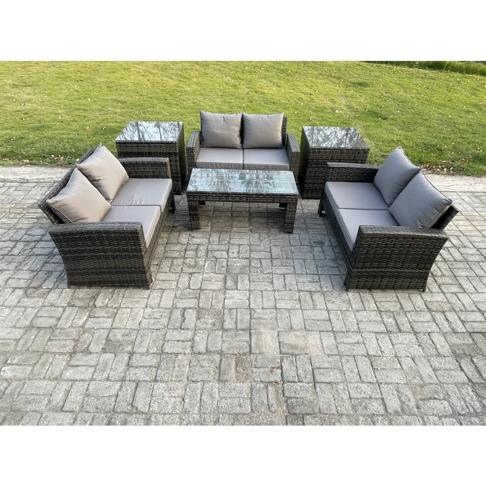 6 PCS Outdoor Lounge Sofa Set Wicker PE Rattan Garden Furniture Set with Coffee Table Double Seater Sofa 2 Side Tables