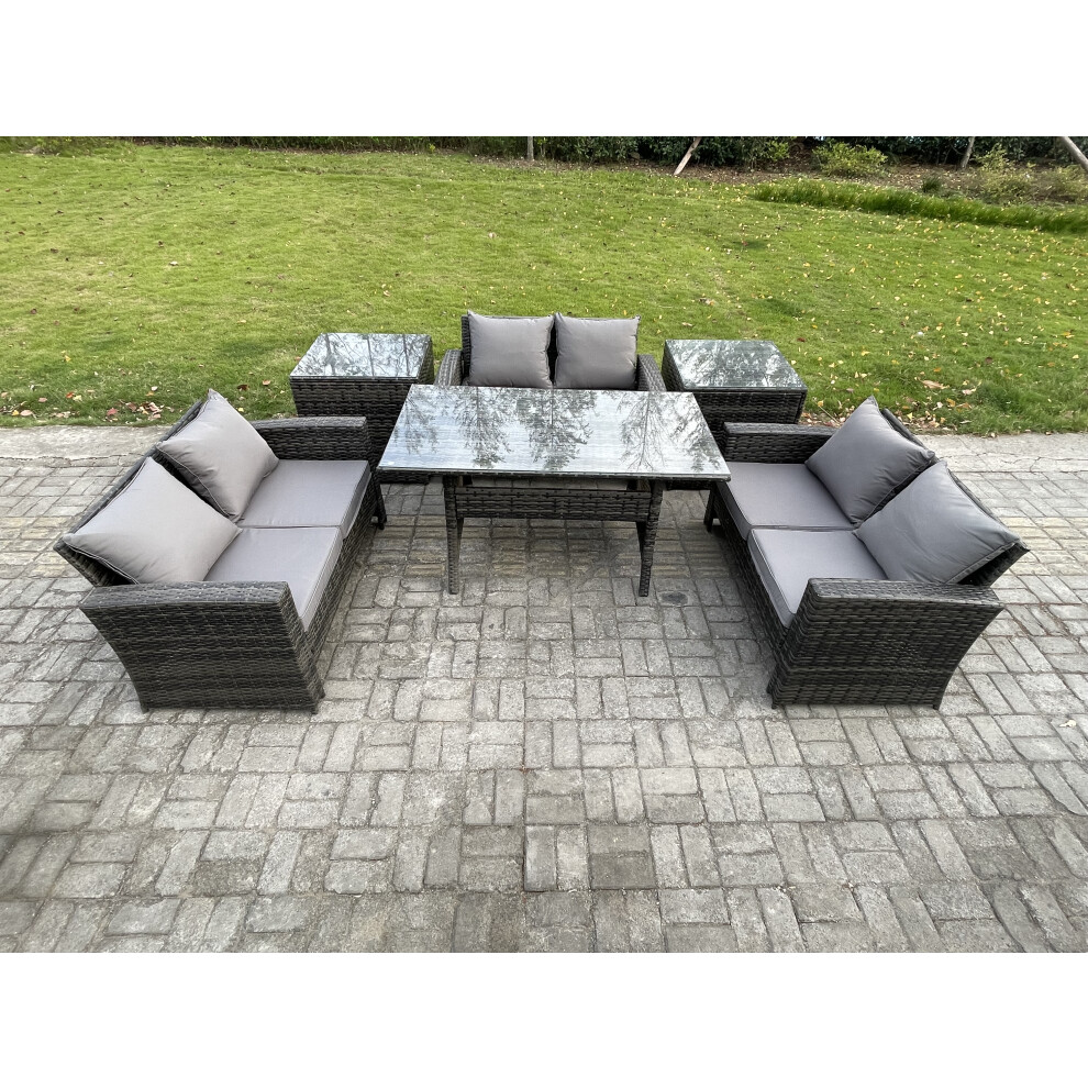 Fimous Dark/Grey 6 Seater Wicker Pe Rattan Garden Furniture Sets Outdoor Lounge Sofa Set With Oblong Dining Table Double Seat Sofa 2 Side Tables Mixed - Image 2