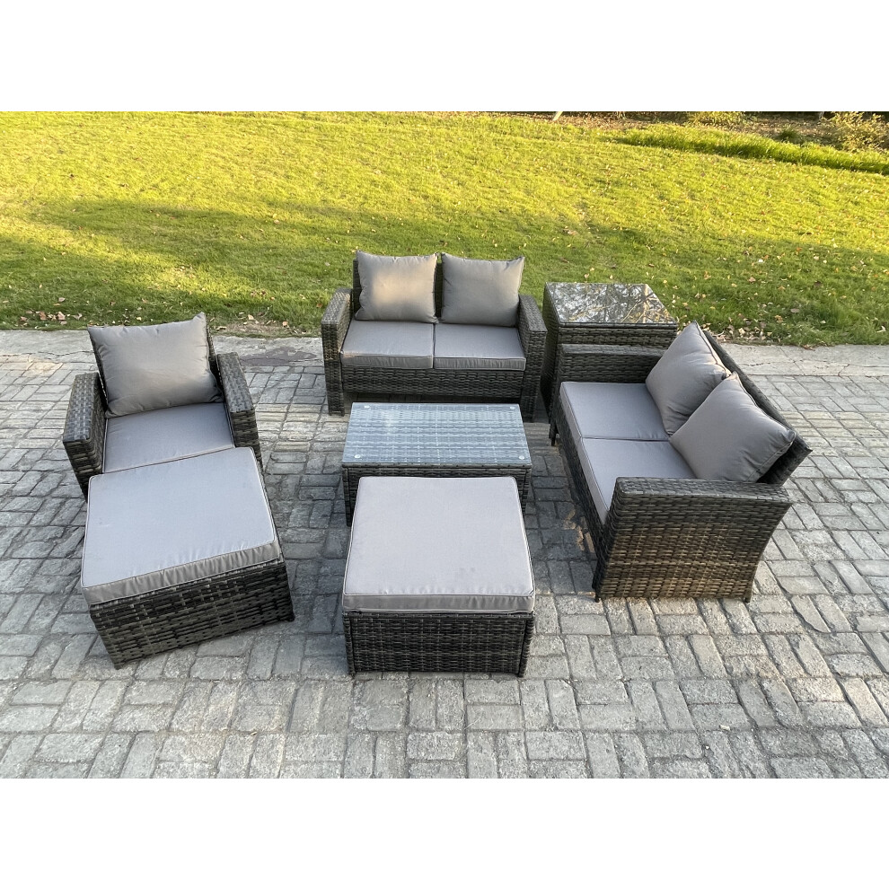 Fimous Rattan Garden Furniture Set 7 Seater Patio Outdoor Lounge Sofa Chair Set With Rectangular Coffee Table 2 Big Footstool Dark Grey Mixed