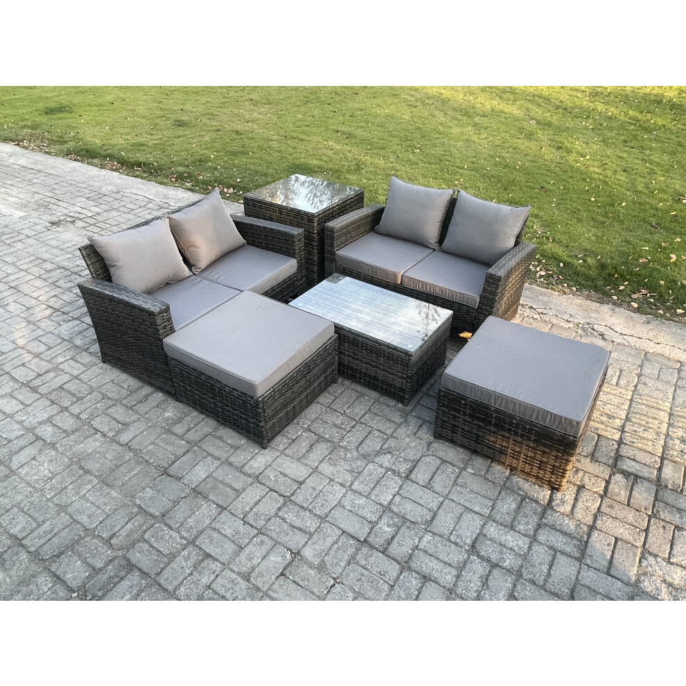 Rackhams Dark/Grey Outdoor Rattan Garden Furniture Set 6 Seater Patio Lounge Sofa Set With Side Table Coffee Table 2 Big Footstool Mixed - Image 2