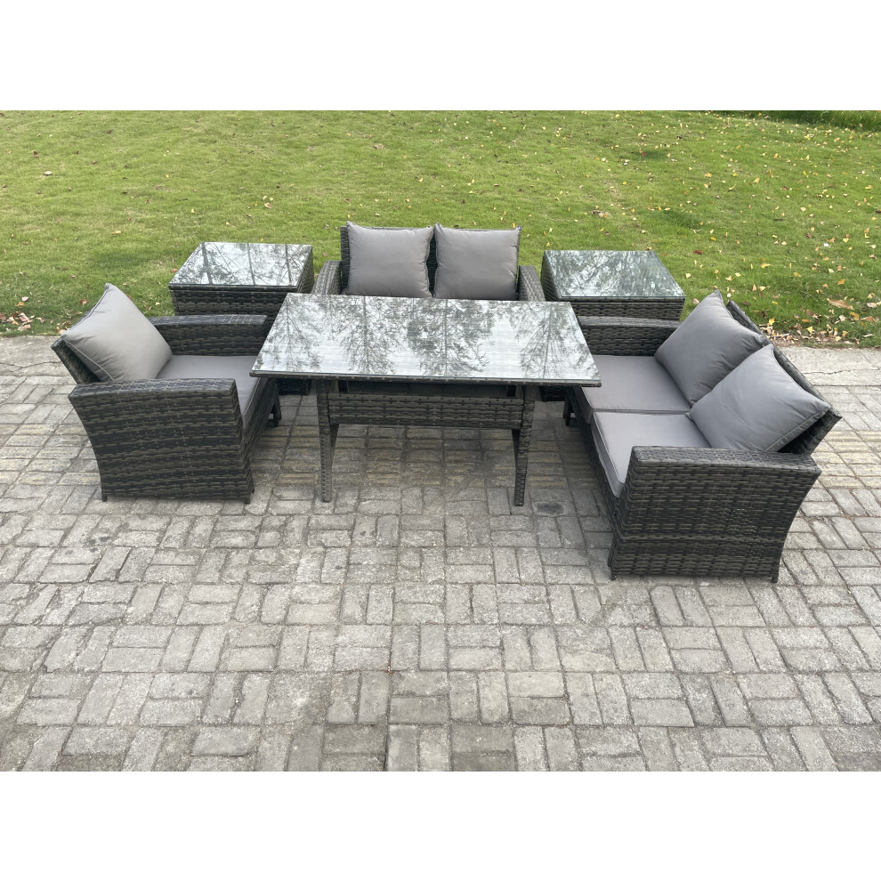 Fimous Unisex Dark Grey Wicker Rattan Garden Dining Set Outdoor Furniture Sofa With Dining Table Double Seat Sofa Side Tables Mixed Size 2 - Image 2