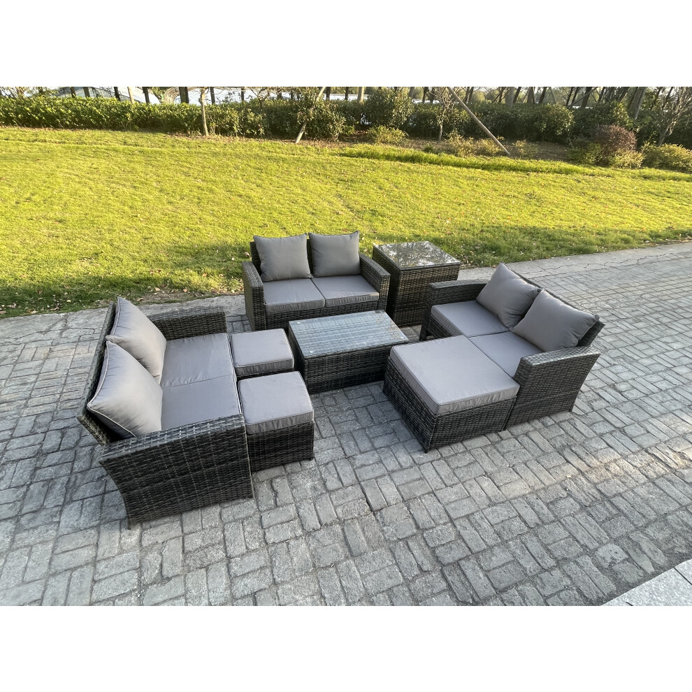 Fimous Unisex Dark Grey 8Pc Rattan Sofa Garden Furniture Outdoor Patio Set With Side Table 3 Footstools Double Seat Sofa Mixed Size 8 - Image 2
