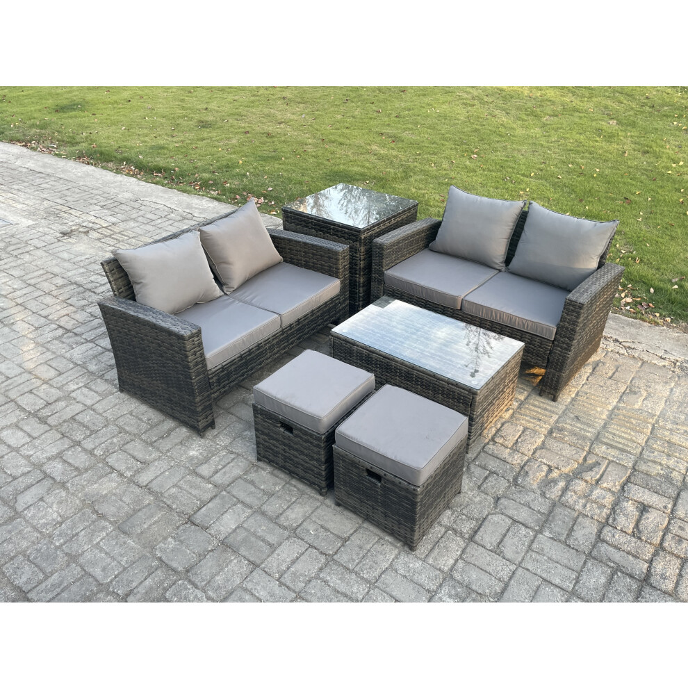 Fimous Unisex Dark Grey Wicker Rattan Garden Furniture Sofa Set With Rectangular Coffee Table Double Seat Sofa 2 Footstool Side Table 6 Seater In Small - Image 2