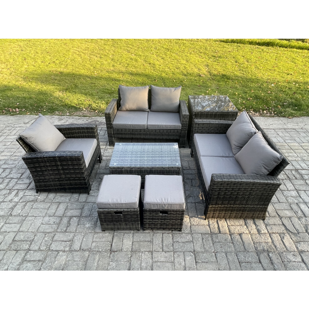Fimous Dark/Grey 7-Seater Rattan Garden Lounge Set - Mixed Patio Outdoor Sofa Chair Set With Rectangular Coffee Table & 2 Small Footstools - Image 2