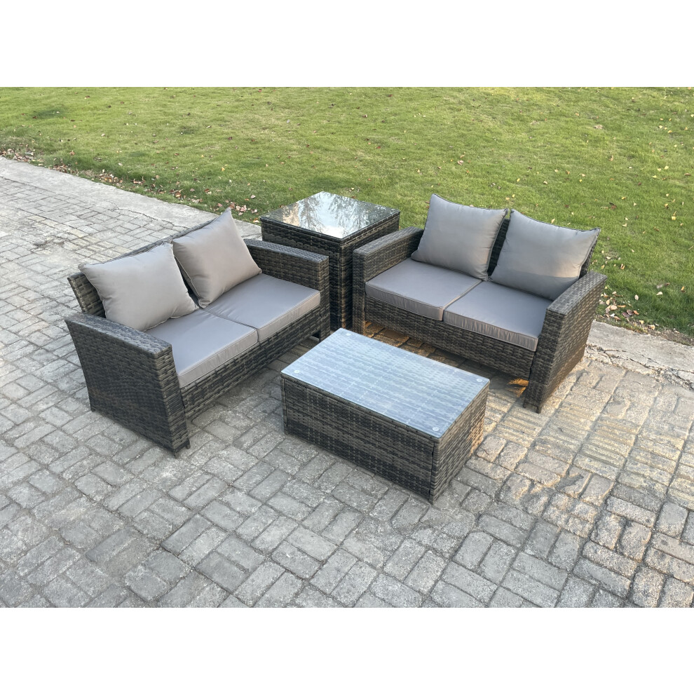 Rackhams Dark/Grey Wicker Rattan Garden Furniture Sofa Set With Rectangular Coffee Table Double Seat Sofa Side Table Outdoor Rattan Set Mixed - Image 2