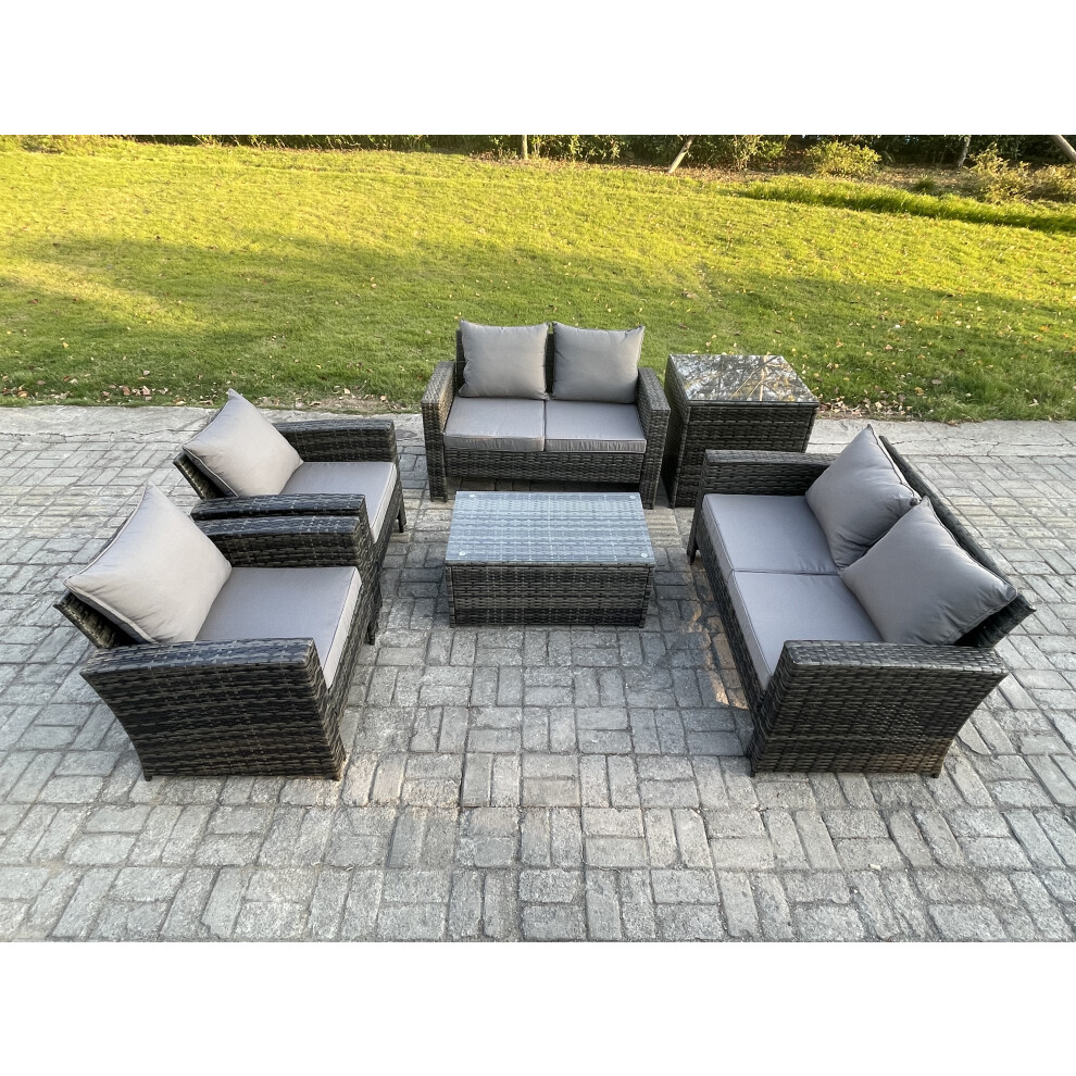 Fimous Garden Furniture Sets 6 Pieces Outdoor Rattan Furniture Manual Wicker Patio Sofa Chair Set With Coffee Table Side Table Dark Grey Mixed