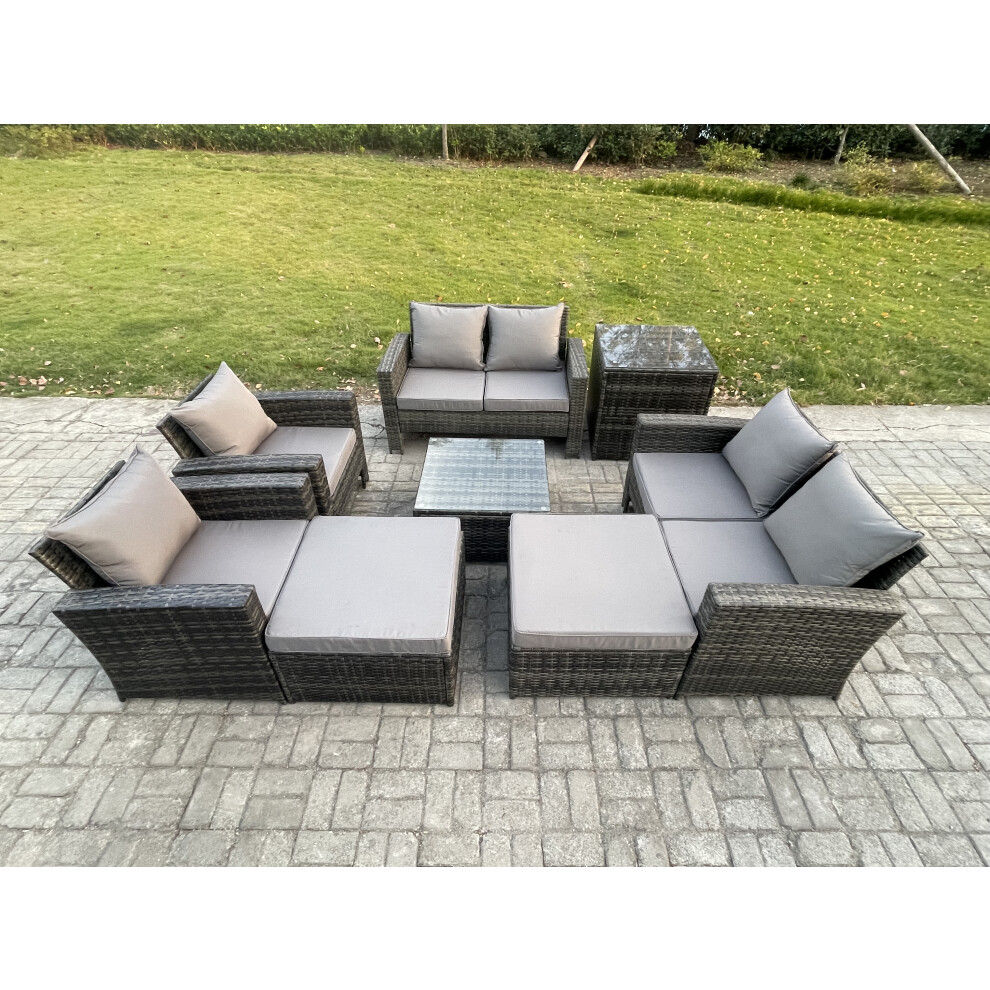 Fimous Unisex Dark Grey Outdoor Garden Furniture Sets Pieces Wicker Rattan Furniture Manual Wicker Patio Sofa Patio Conversation Set With 2 Big Footstool Size 8 - Image 2