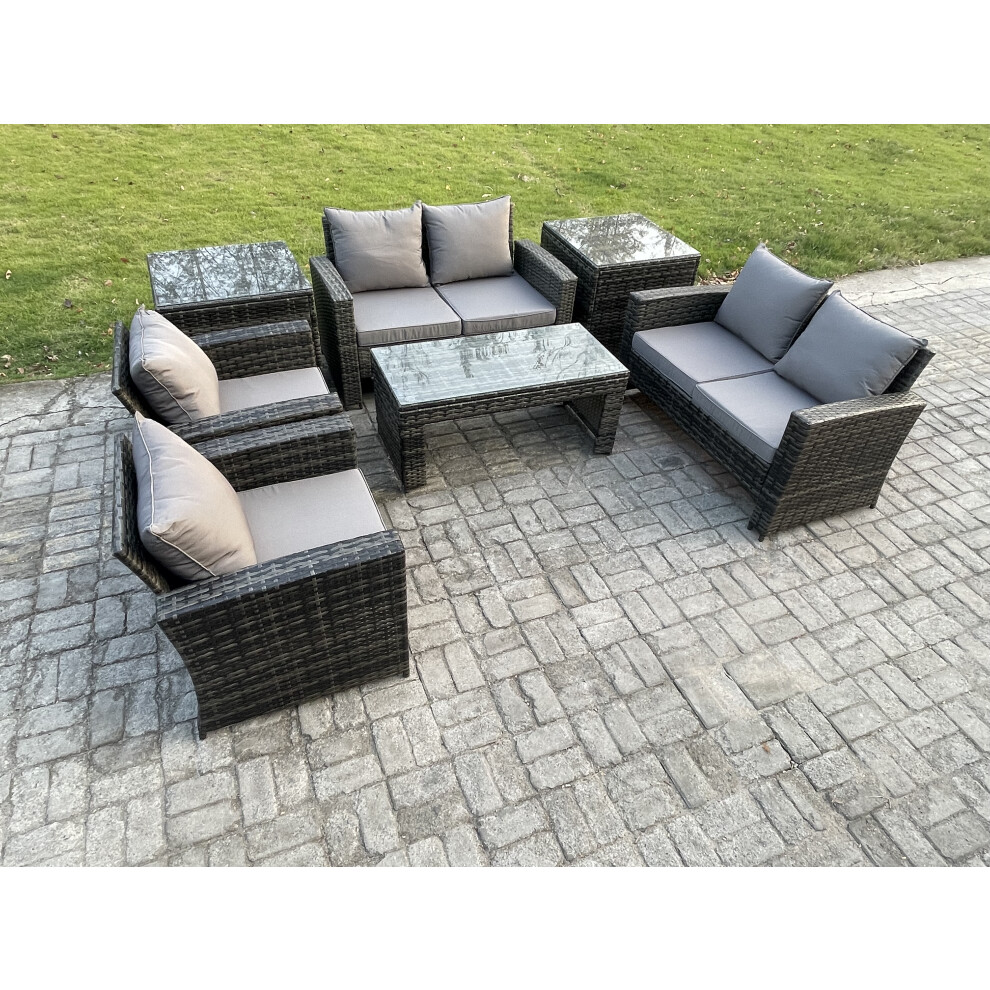 Fimous 6 Seater Dark Grey Mixed High Back Rattan Sofa Set Coffee Table Garden Furniture Outdoor Patio With Love Sofa Arm Chairs 2 Side Tables