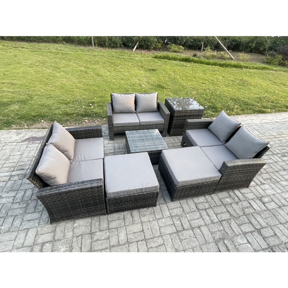 Fimous Outdoor Lounge Sofa Set Wicker Pe Rattan Garden Furniture Set With Square Coffee Table Double Seat Sofa 2 Big Footstool Dark Grey Mixed