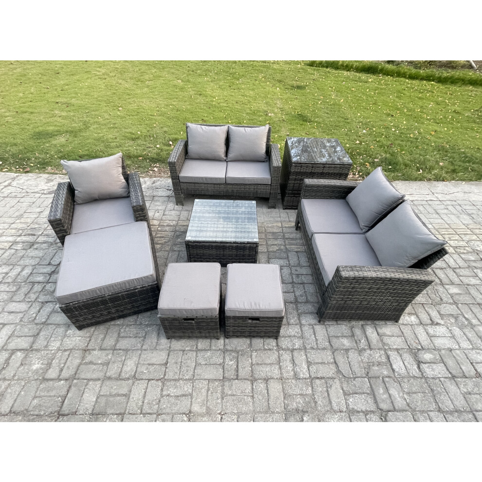 Fimous Dark/Grey 8 Seater Outdoor Rattan Garden Furniture Set Conservatory Patio Sofa Coffee Table Set With Chair Side Table 3 Footstools Mixed - Image 2
