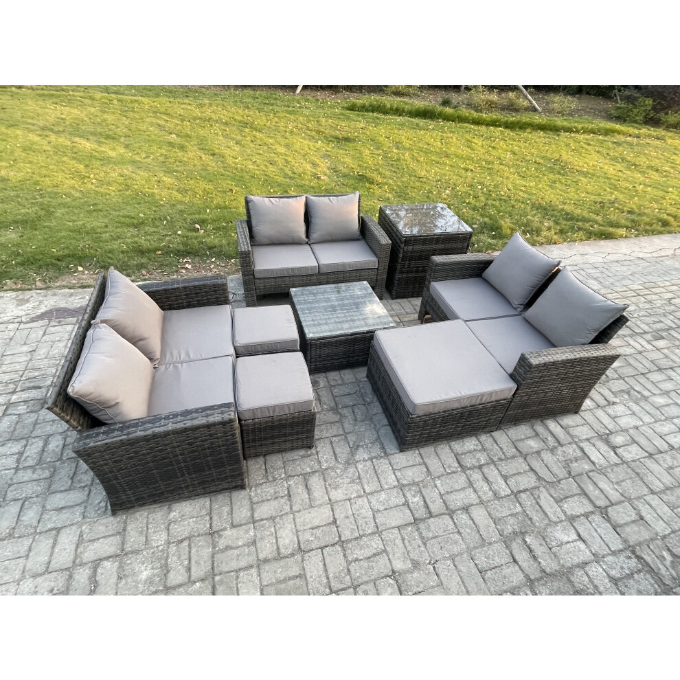 Rackhams Dark/Grey Outdoor Lounge Sofa Set Wicker Pe Rattan Garden Furniture Set With Square Coffee Table Double Seat Sofa 3 Footstools Side Table Mixed - Image 2