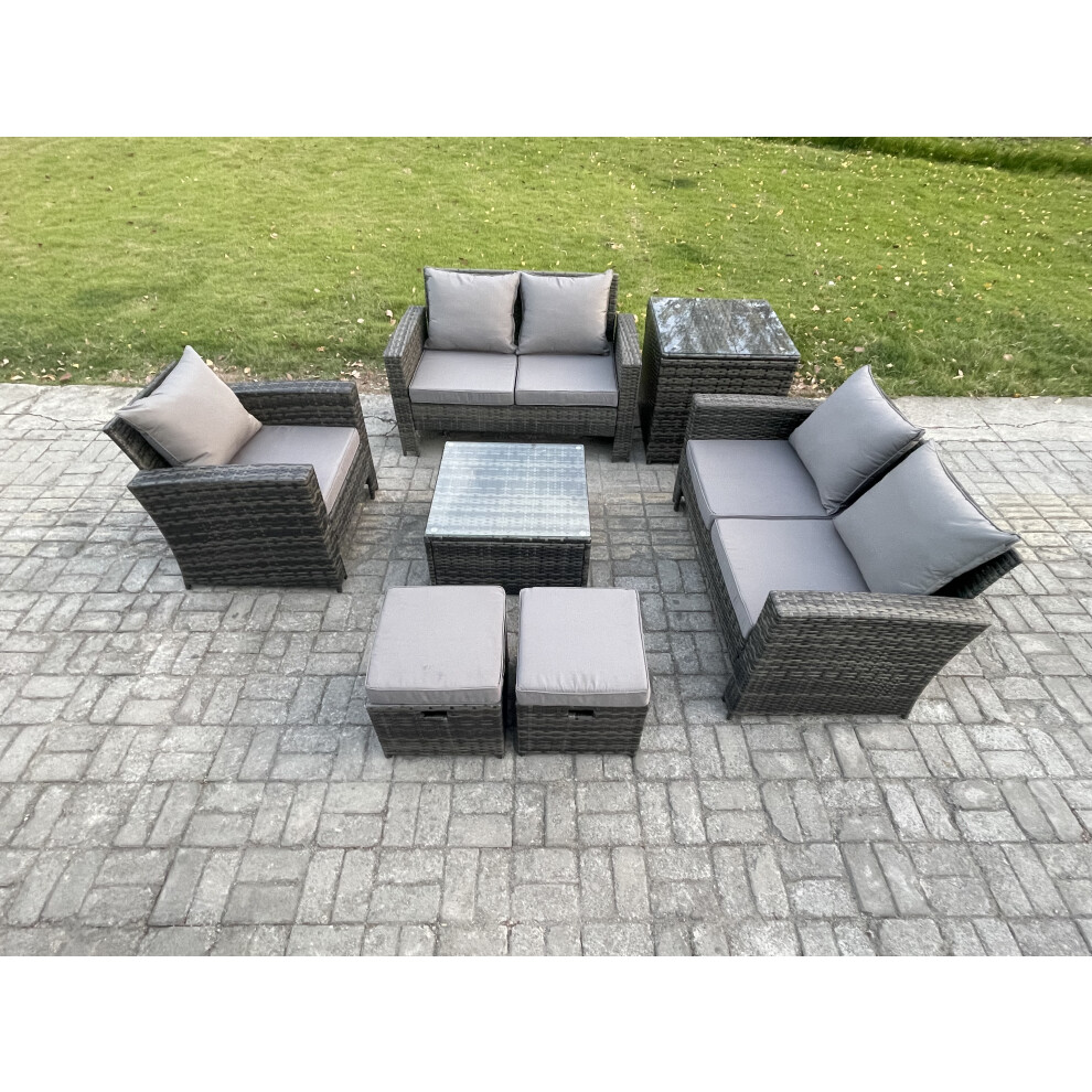 B&Q - Outdoor Rattan Garden Furniture Set Conservatory Patio Sofa Coffee Table Set With Chair Side Table 2 Small Footstools - Image 2