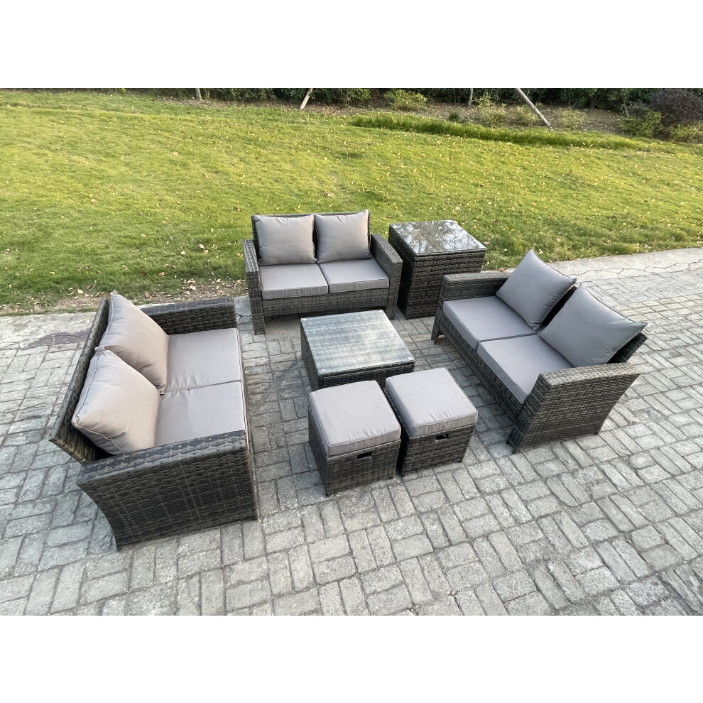 Rackhams Dark/Grey 7 Pcs Outdoor Lounge Sofa Set, Wicker Pe Rattan, Square Coffee Table, Double Seat Sofa, Side Table And 2 Small Footstools, Mixed - Image 2