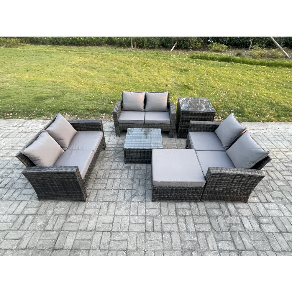 Rackhams Dark/Grey 7 Seater Rattan Wicker Garden Furniture Patio Conservatory Sofa Set With Square Coffee Table Double Seat Sofa Big Footstool Side Table - Image 2