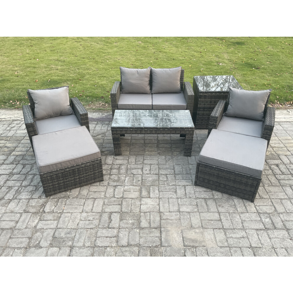 Fimous 7 PCS Outdoor Lounge Sofa Set Wicker PE Rattan Garden Furniture Set with Rectangular Coffee Table Armchair 2 Big Footstool Dark Grey Mixed
