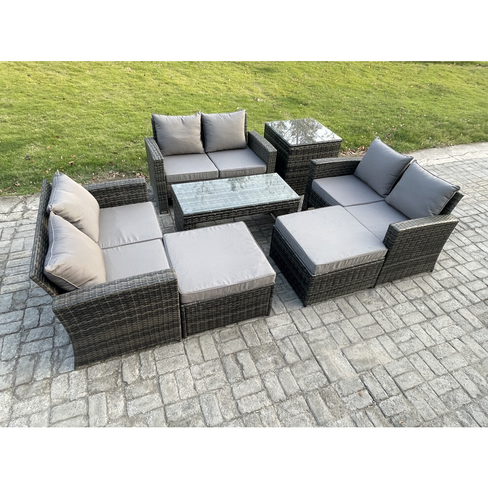 Fimous Dark/Grey Outdoor U Shape Sofa Set Wicker Pe Rattan Garden Furniture Set With Coffee Table Double Seat Sofa 2 Big Footstool Side Table Mixed - Image 2