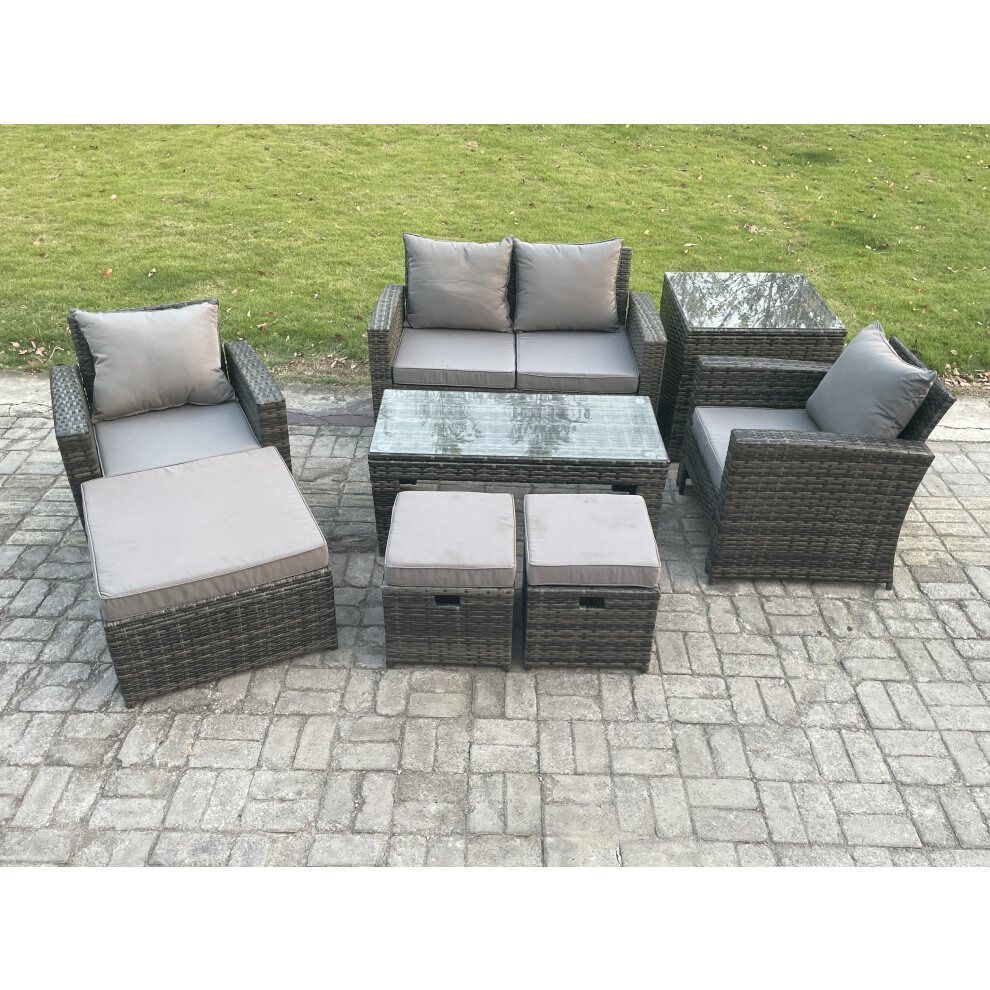 B&Q - 7 Seater Outdoor Rattan Garden Furniture Set Patio Lounge Sofa Set With Coffee Table 3 Footstools Dark Grey Mixed - Image 2
