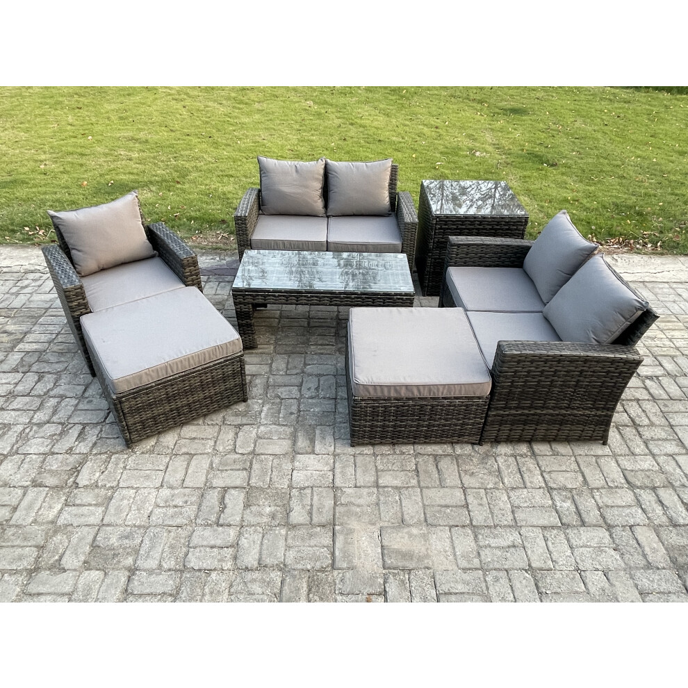 Rackhams Dark/Grey 7 Seater Outdoor Rattan Patio Furniture Set Garden Lounge Sofa Set With Side Table 2 Big Footstool Coffee Table Mixed - Image 2