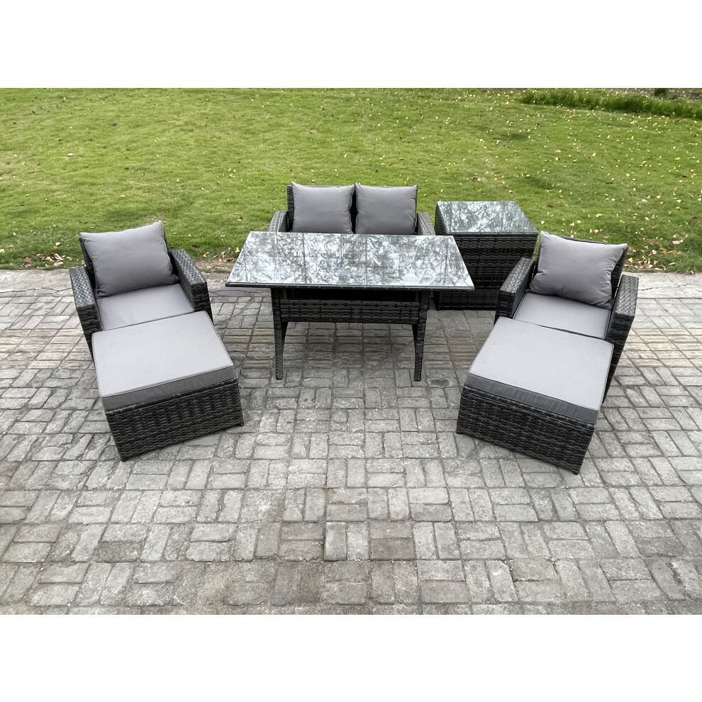 Fimous Outdoor Lounge Sofa Garden Furniture Set Rattan Rectangular Dining Table With Double Seat Sofa Armchair 2 Big Footstool Side Table 6 Seater
