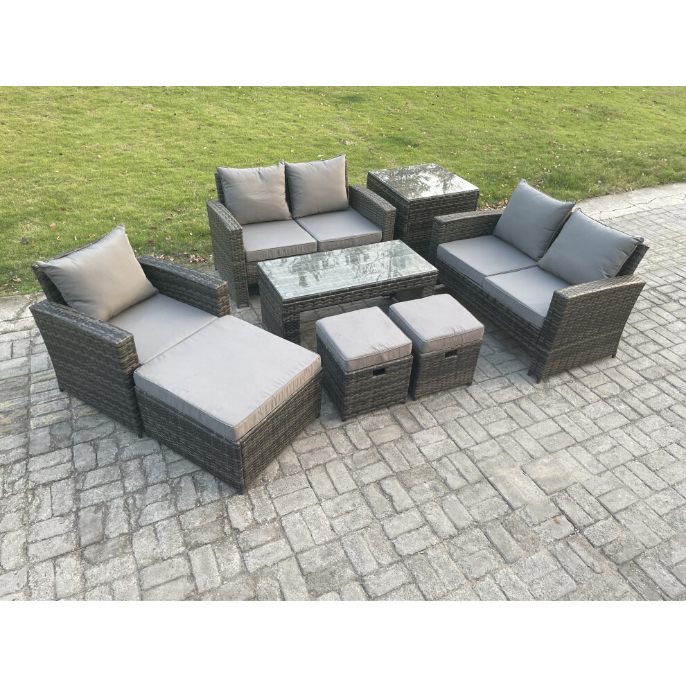 Fimous Dark/Grey Outdoor Rattan Patio Furniture Set Garden Lounge Sofa Set With Side Table 3 Footstools Coffee Table Mixed - Image 2