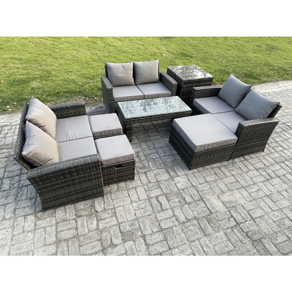 Rackhams Dark/Grey Outdoor U Shape Sofa Set Wicker Pe Rattan Garden Furniture Set With Coffee Table Double Seat Sofa 3 Footstools Side Table Mixed - Image 2