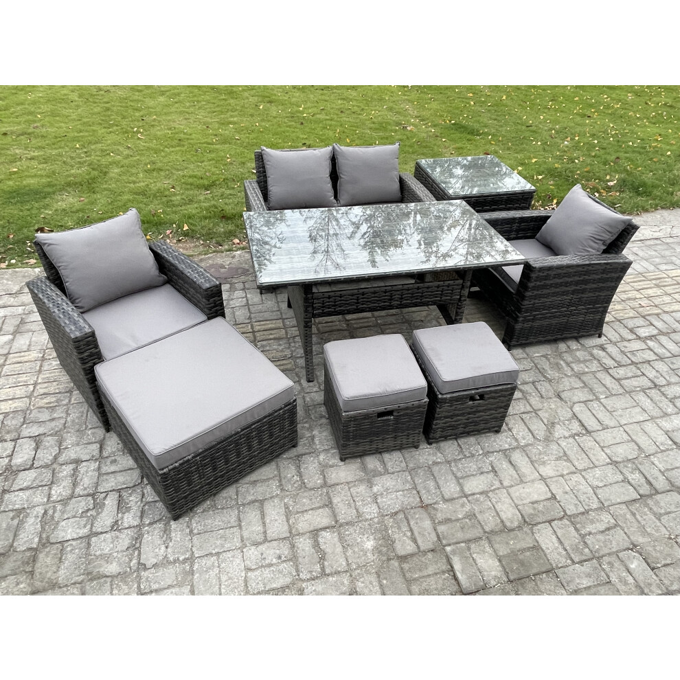 Fimous Dark/Grey 7 Seater Pe Wicker Outdoor Garden Furniture Set Patio Furniture Rattan Rectangular Dining Table Lounge Sofa With 3 Footstools Side Table - Image 2