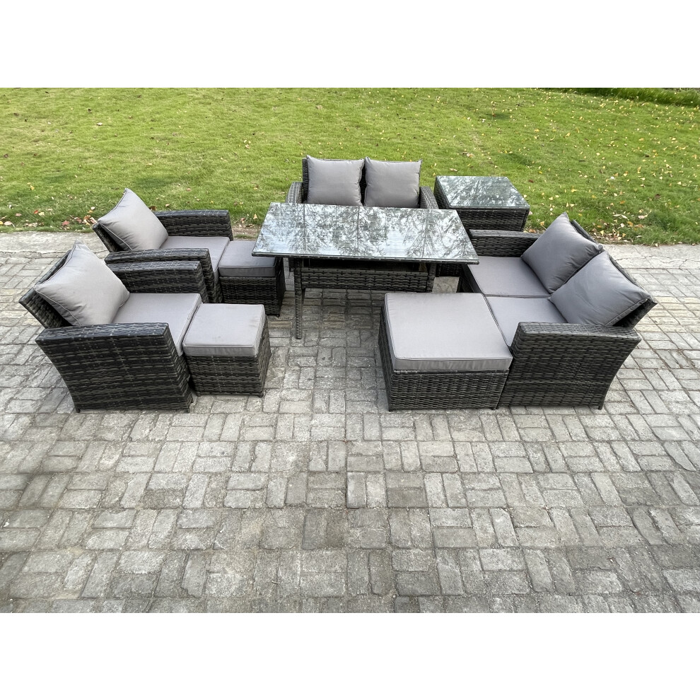 Fimous Garden Furniture Sets 9 Pieces Rattan Furniture Handmade Wicker Patio Sofa Set With 3 Footstools Side Table Dark Grey Mixed