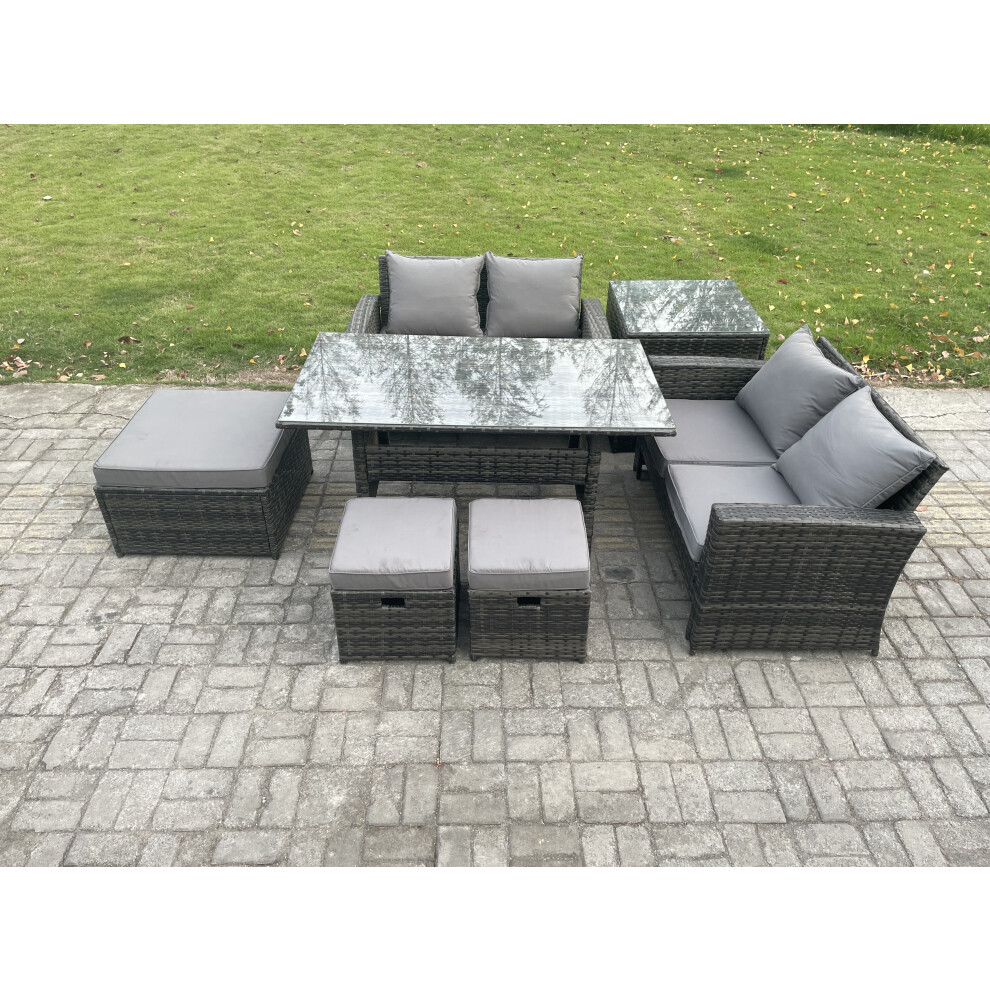 Rackhams Dark/Grey 7 Seater High Back Outdoor Garden Furniture Rattan Sofa Dining Table Set With 3 Footstools Side Table Mixed - Image 2