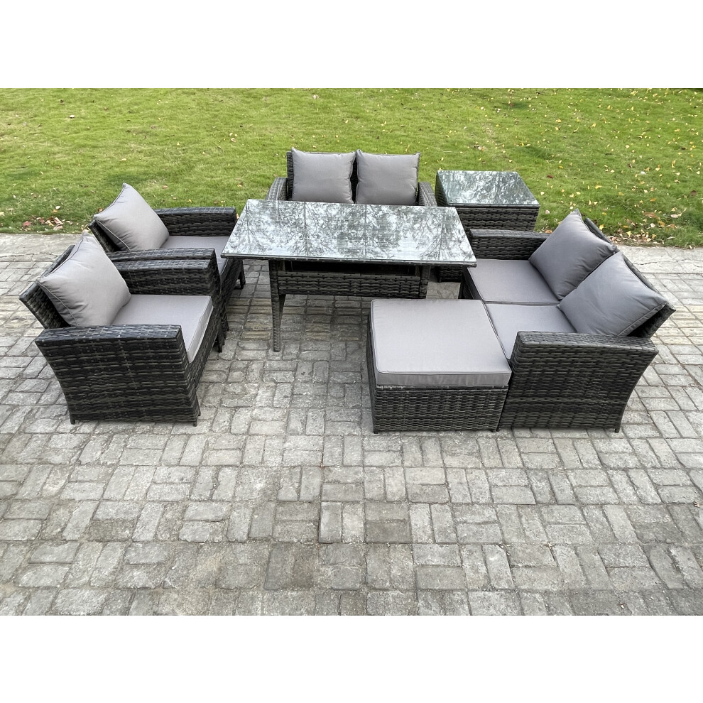 Fimous Dark/Grey 7 Seater Mixed Rattan Outdoor Lounge Set - Oblong Dining Table, Double Sofa & Footstool - Image 2